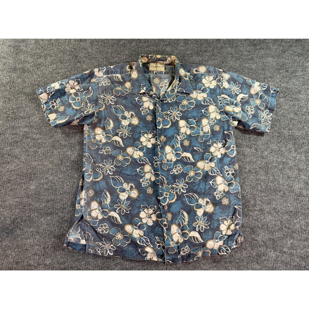 GreatLand Floral Button Down Shirt Mens Large Blue Tropical Short Sleeve‎ Cotton